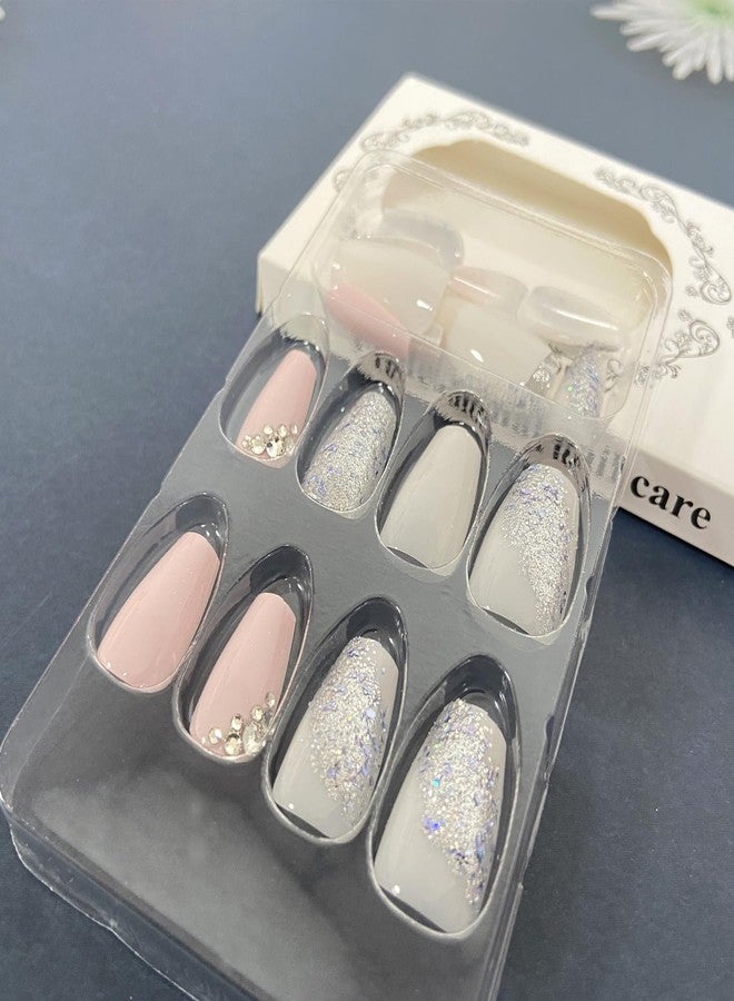 Vopintpy Silver Glitter Press on Nails Medium Square Fake Nails with Rhinestones Design Glossy Pink White Artificial False Nails for Women Girls DIY Manicure Decoration Reusable Stick on Nails Glue on Nails - Image 4